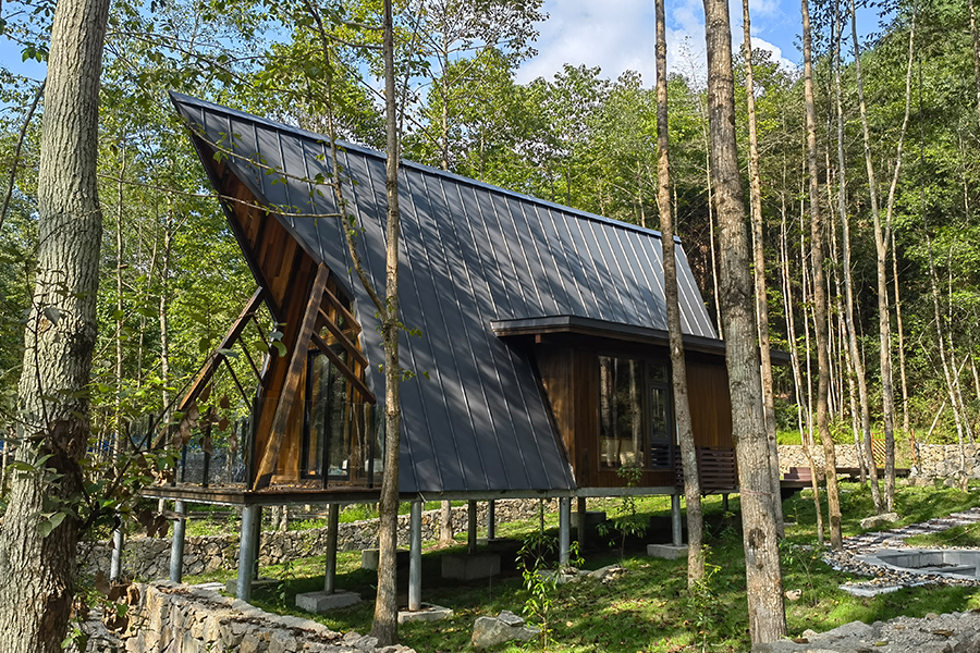Tamang-tama para sa mga kahoy na bubong ng guesthouse: Vertically jointed metal roof panels – parehong aesthetically pleasing at praktikal.